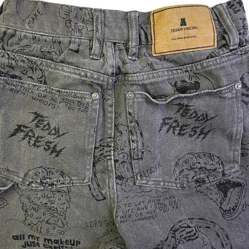 Teddy Fresh Grey Doodle Print Carpenter Denim Pants Straight Leg Streetwear 27